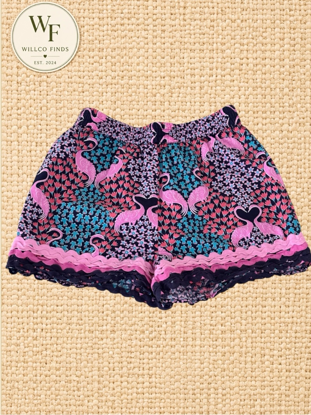 Simply Southern Flamingo Floral Ric Rac Shorts Pink Navy Teal XS